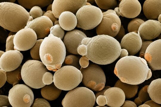 Yeast cells magnified under microscope, showcasing spherical shapes and budding process, essential for sourdough starter and brewing applications in culinary arts