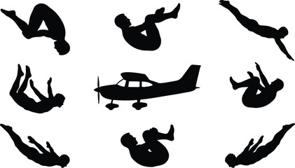 Skydiving silhouettes set with skydivers jumping in free fall positions and a light propeller airplane vector illustration © Mahsina
