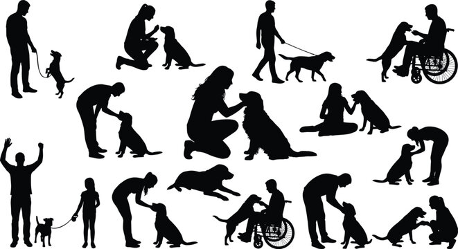 People with dogs silhouettes set including training walking therapy pet owners and disabled wheelchair users vector illustration