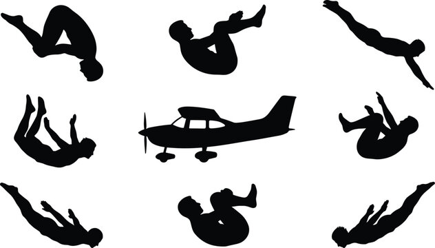Skydiving silhouettes set with skydivers jumping in free fall positions and a light propeller airplane vector illustration