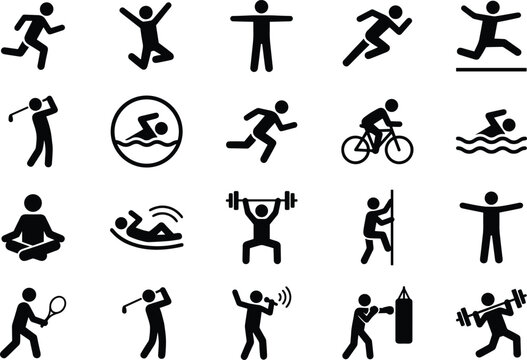 Sports and fitness stick figures icon set featuring athletes running swimming cycling weightlifting golfing and exercising vector signs