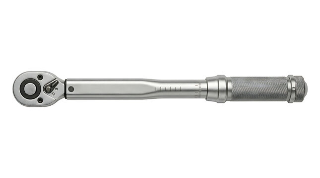 A silver metal torque wrench tool isolated on a white background, featuring a ratcheting head and a textured handle for grip and control