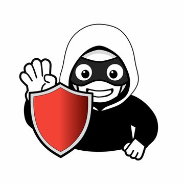 Cyber Security Hacker with Shield Protection Cartoon Illustration