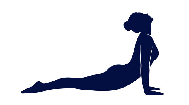 Woman performing yoga cobra pose in silhouette on white background