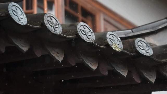 Traditional tiled roof eaves with decorative end caps in gentle rain