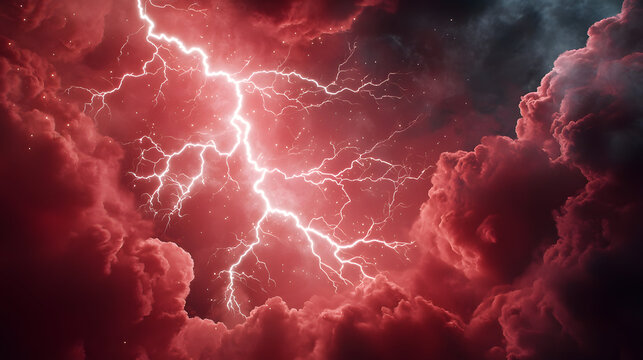 Dramatic lightning strikes illuminate dark red clouds, creating powerful and intense atmosphere
