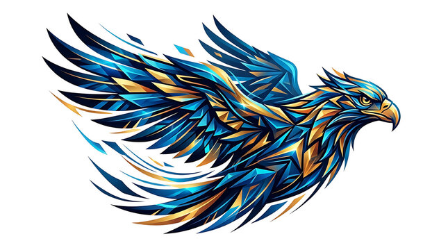 Dynamic eagle in flight with sharp geometric blue and gold triangular patterns isolated on a plain white background for