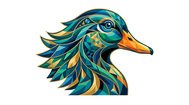 Geometric duck head with vibrant blue and orange triangular patterns isolated on a transparent background, for use