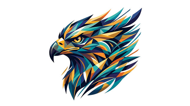 Fierce eagle head with vibrant geometric blue and gold triangular patterns isolated on a plain white background for