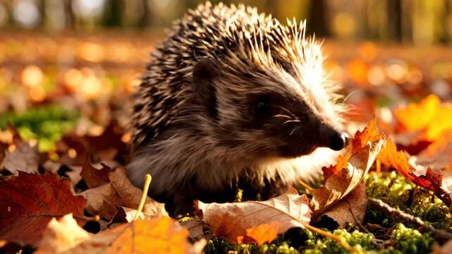 Small hedgehog walking slowly through autumn leaves in a forest park
