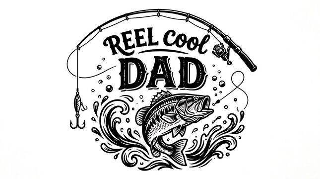 Reel cool dad fishing graphic with bass and fishing gear illustration, outdoors