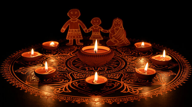 Captivating Diwali Celebration: Illuminated Festival of Lights with Traditional Decorations and Colorful Rangoli Design