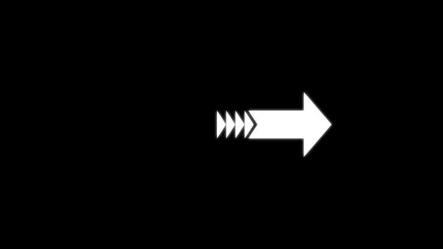 Glowing white arrow animation icon moving forward on dark screen background. 4k animation ...