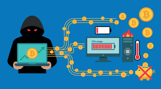 Hacker Performing Cryptojacking to Mine Cryptocurrency by Hijacking Victim CPU Resources for Cybersecurity Awareness Content
