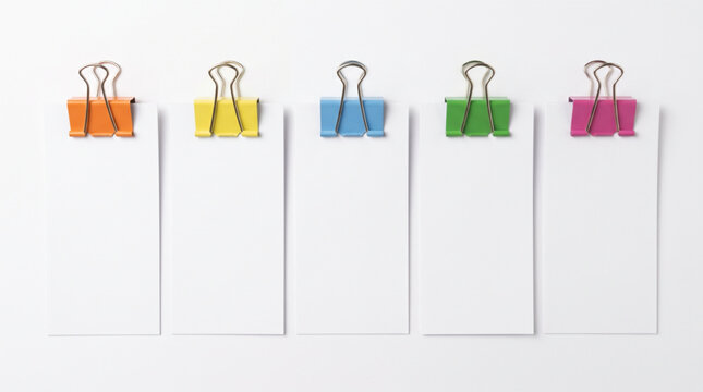 5 blank vertical white paper cards with colorful binder clips mockup. Social media carousel post frame layout, instagram story planning template, office supply banner, minimal business organizer.