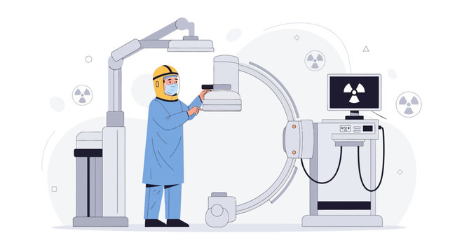 Medical Professional Operating C-Arm Fluoroscopy Machine with Radiation Symbol