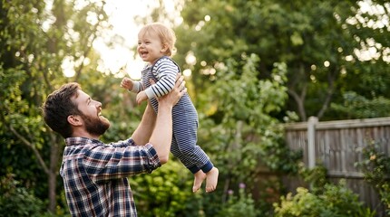 Fototapeta premium Father tossing child into the air in backyard
