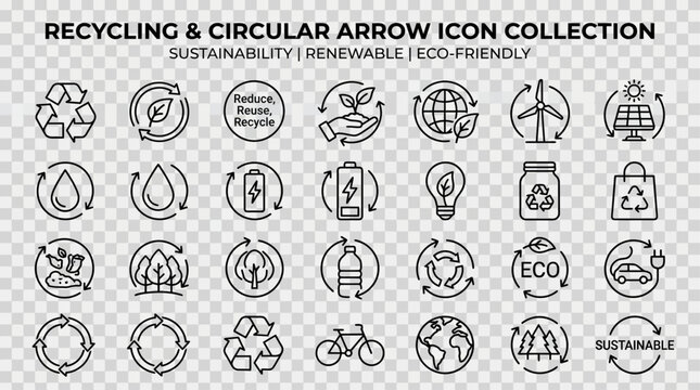 Collection of recycling and circular arrow icons representing sustainability, renewable resources, waste management, and environmental conservation. Clean vector symbols ideal for eco-friendly designs