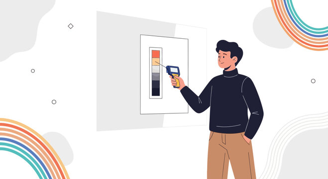Man uses infrared thermometer to scan color swatch, concept of temperature measurement and quality control