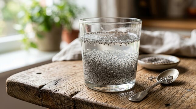 Refreshing chia seed water in a glass with seeds settling at the bottom on a rustic wooden table.