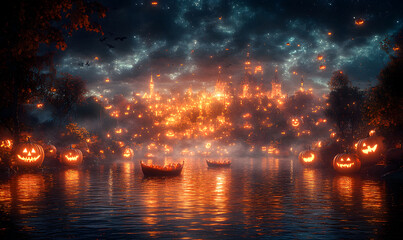 Fototapeta premium Spectacular Halloween Night Lakeside Village with Glowing Pumpkins and Castle Lights
