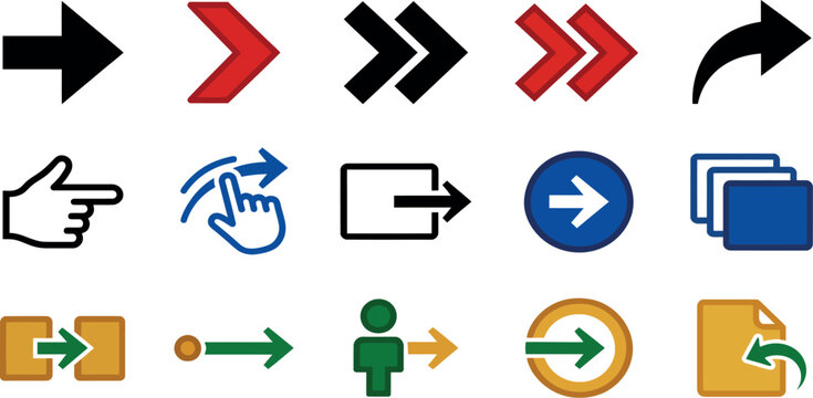 Colorful Right Arrow and Navigation Icon Set with Gesture Pointer Person and Document Symbols for UI App Interface Design