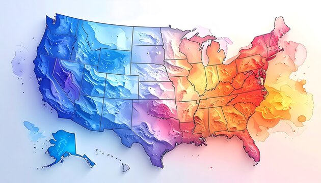 Colorful Watercolor United States Map Displaying Blue to Red Gradient Across Regions