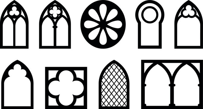 Minimalist Gothic Cathedral Window and Rose Window Vector Set for Architectural Religious and Medieval Fantasy Design Templates