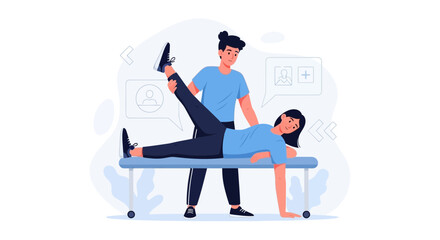 Fototapeta premium Physical therapist assisting a patient with leg exercise on a therapy table, healthcare concept
