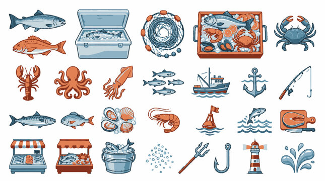 Seafood icons and ocean objects.