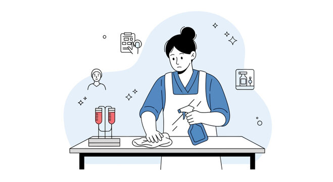 Person cleaning laboratory equipment with spray bottle and cloth, representing hygiene and safety in scientific research environments.