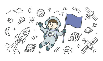 Vector line art doodle of astronaut in outer space with planets and rockets © Avartde