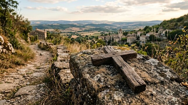 Weathered wooden cross rests on a stone overlooking a picturesque European village in rolling hills.