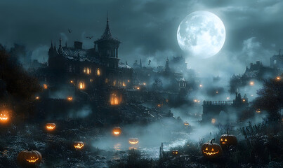 Fototapeta premium Spooky Halloween Night in Haunted Village Under a Full Moon