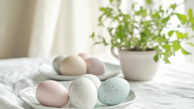 People are decorating eggs on a table. There are pastel colored eggs and a green plant nearby. Soft light comes in through the window. Spring decorations are part of the activity