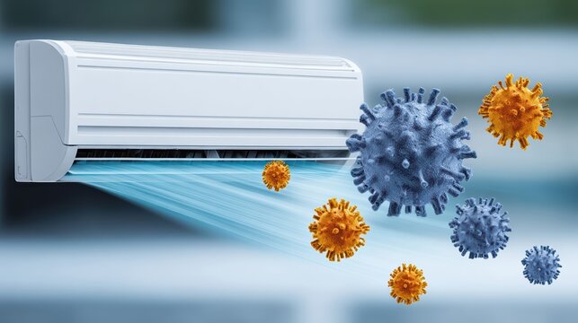 A high detail rendering of an air conditioner airflow neutralizing virus particles. Advanced filtration technology is visualized in clean blue light and soft blur.