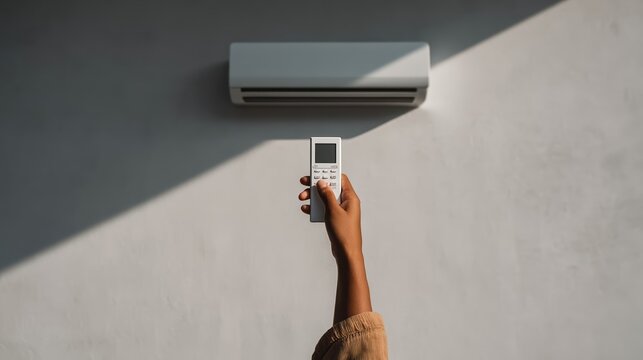 A hand aims a remote at a wall-mounted air conditioner on a white minimalist wall. Premium soft lighting and clean shadows highlight modern climate control concepts.