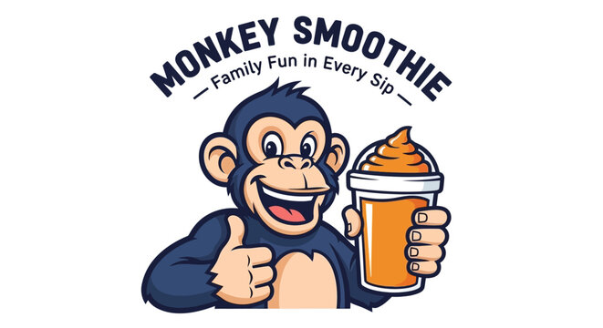 A cheerful cartoon monkey holding a delicious orange smoothie and giving a thumbs up, perfect for a family-friendly brand.