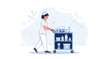 Naklejka premium Nurse Pushing Medical Cart with Medications and Supplies in Modern Hospital Setting