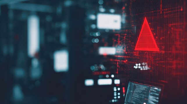 Glowing red warning triangle and digital code signal a cyberattack in a dim tech office. Cinematic lighting emphasizes the danger and urgency of cybersecurity threats.