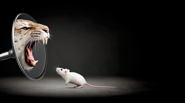 A curious mouse sees its reflection transform into a fierce tiger in a photorealistic mirror scene. Dramatic lighting and rich fur textures evoke courage and inner strength.
