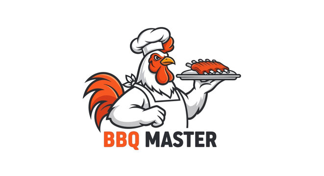 Cartoon Rooster Chef Holding a Plate of BBQ Food.