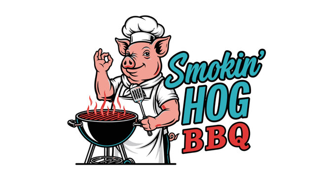 Cartoon pig chef grilling barbecue with Smokin HOG BBQ logo illustration.
