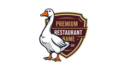 Obraz premium Elegant White Goose Standing Proudly Beside a Premium Restaurant Emblem.