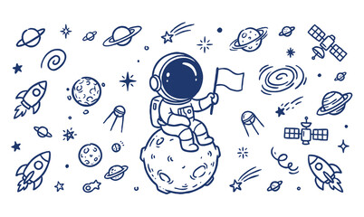 Vector line art doodle of astronaut in outer space with planets and rockets © Avartde