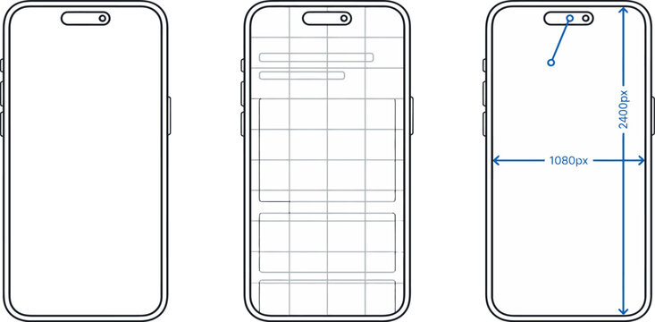 Smartphone Wireframe and Screen Dimension Diagram for Mobile App UI Layout Planning and Development Reference Design
