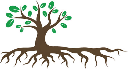 Fototapeta premium An illustration depicts a tree with extensive roots and green leaves.