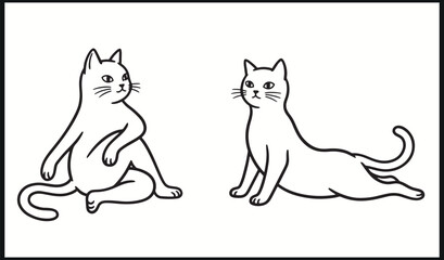 Minimalist cat line drawing of two felines sitting and lying facing each other in simple black and white illustration © Abdul Waheed