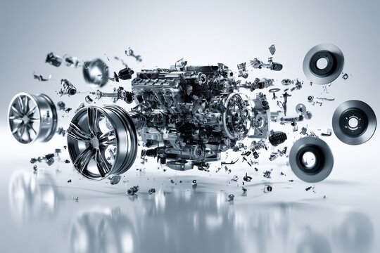 Exploded View of Car Engine and Disassembled Automotive Components