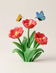 Obraz premium 3D of blue butterflies and yellow butterflies flying around red flowers